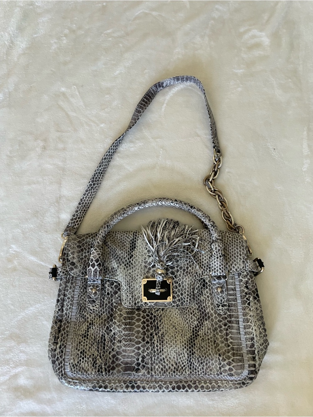 Elliott Lucca Leather Gray Snake-Print Satchel with Tassel and Chain Detail